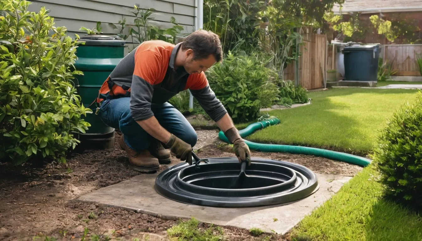 Provider checking a septic tank lid in a yard in the Birmingham area