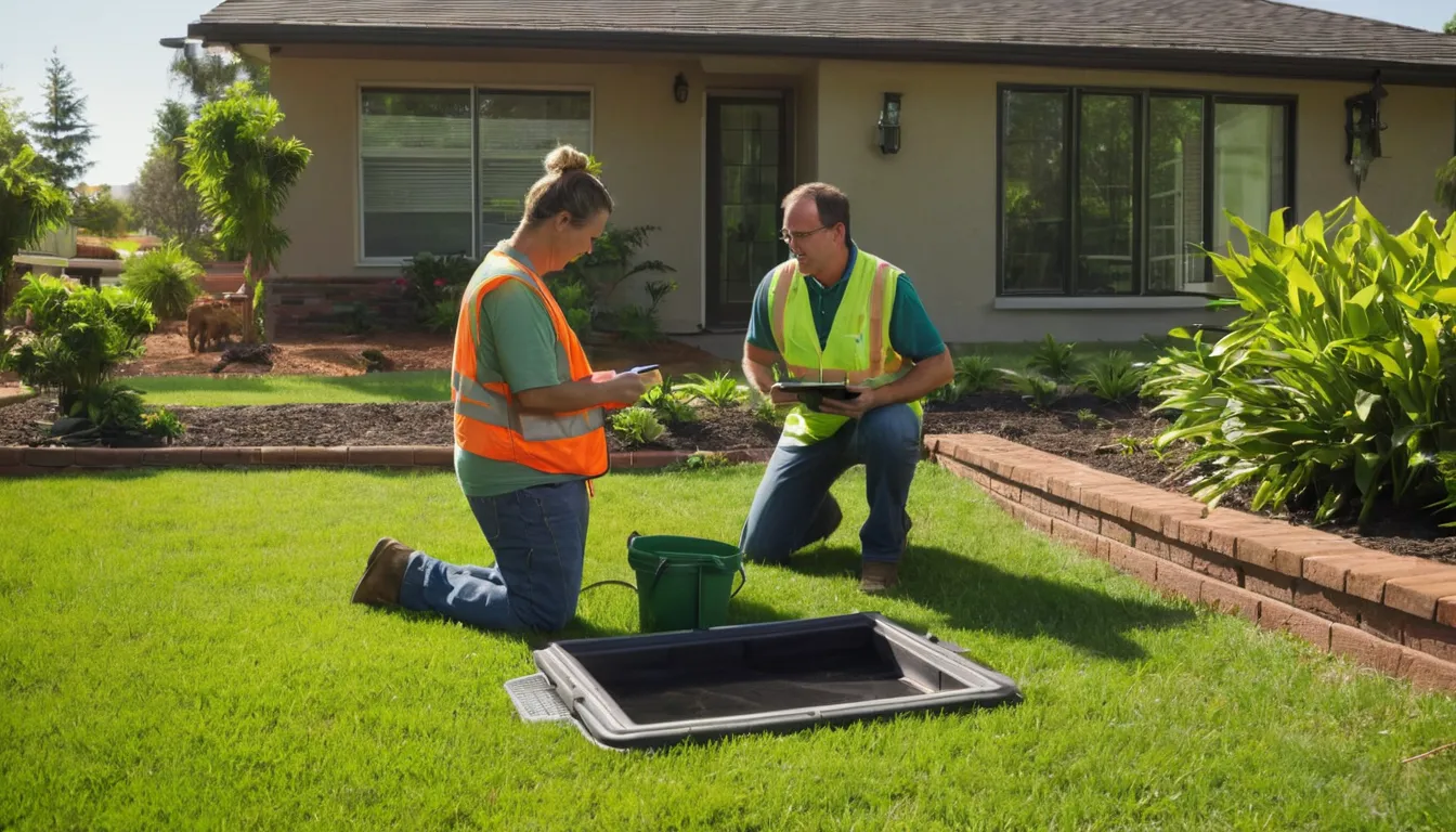 A local provider inspecting a septic tank access lid in a residential yard in the Birmingham area